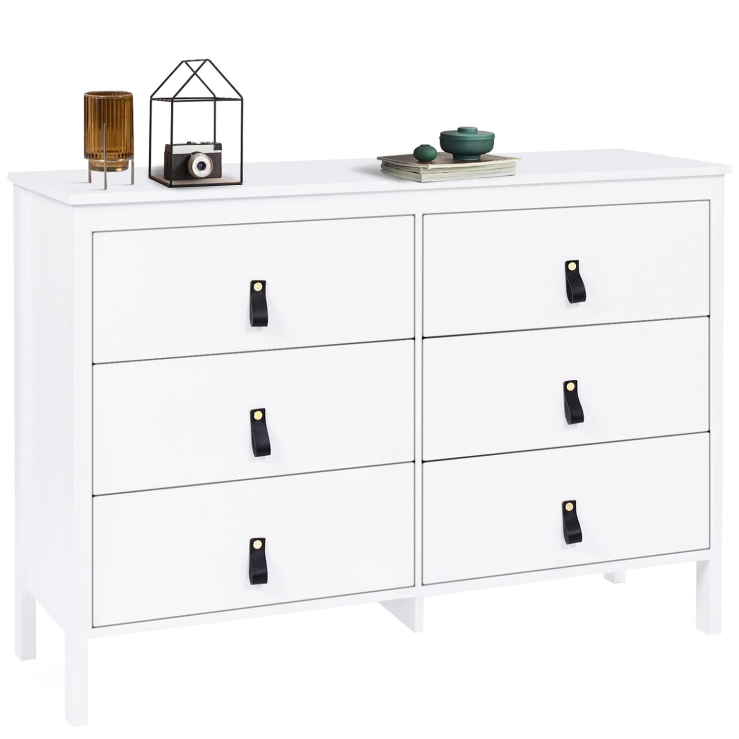 IDMarket - Commode 6 tiroirs Milano 115 cm Bois Blanc avec poignée Languette Noire