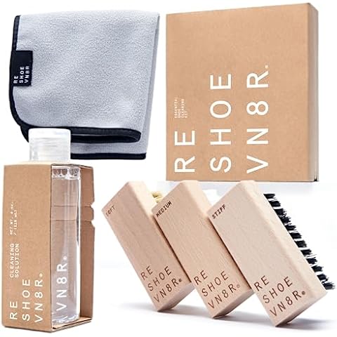 Reshoevn8r Shoe Cleaner Sneakers Kit, Essential Kit - White Sneaker Cleaner for Suede Canvas Leather Mesh Knit Nubuck Shoes - 4oz Cleaning Solution & Conditioner, 3 Brushes & Microfiber Towel Cover