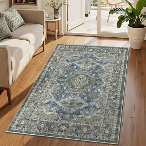 Rugland 4x6 Rug - Stain Resistant Washable Rug, Anti Slip Backing Rugs for Living Room, Vintage Tribal Area Rugs (TPR07-Green, 4'x6')