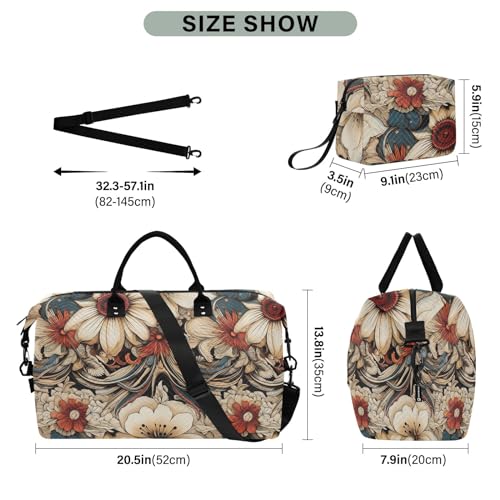 Weekender Bags Travel Duffel Gym Bag 3045 Retro Flowers Carry on Overnight Tote Bag with Toiletry Bag for Airplane Travel Trip Gym Yoga3