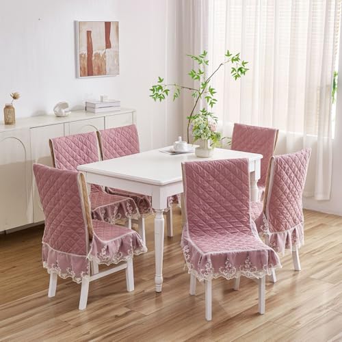 Image of HOMETHREADS Vintage Dining Chair Protector Cover, Quilted Cotton with Lace Frills, Easy Slip-On Design, Protects Seat & Backrest While Keeping Chair Visible, Washable & Reusable, Pink (Pack of 6)