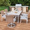YITAHOME 7-Piece Patio Dining Set, Outdoor Wicker Conversation Furniture with 2 Rocking Chairs, Soft Gray Cushions and Imitation Wood Grain Dining Table for Backyard, Balcony and Garden