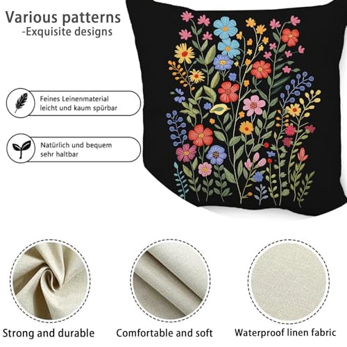 Kissenbezug Schwarz Outdoor Kissen 80x80cm Wetterfest, Sofakissen Blume Kissen 2er Set, Leinen Abstrakt Dekokissen mit Verstecktem ReißVerschluss Easter Zierkissenbezug Outdoor Deko Gartendeko K0-6 – Bild 6