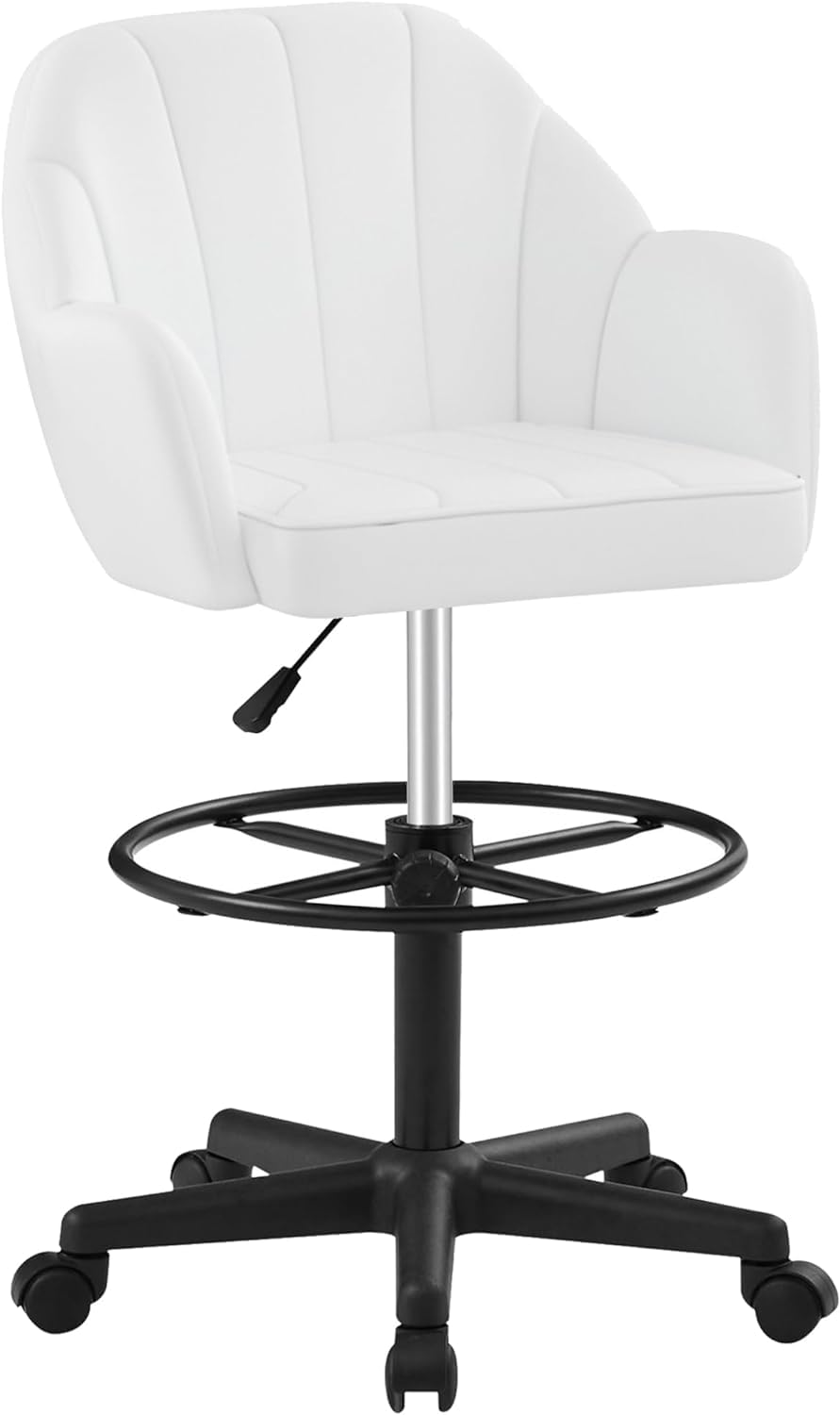 VECELO Home Office Desk Chair with Height Adjustable Seat and Footrest Ergonomic PU Standing Swivel Stool with Back and Arm