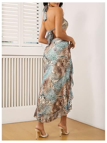 Image of WDIRARA Women's Halter Cut Out Dress Floral Cheetah Print Asymmetrical Hem Sexy High Slit Mesh Ruffle Dresses
