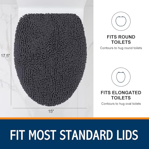 Image of Smiry Soft Chenille Bathroom Toilet Lid Cover, Machine Washable Covers, 17.5x15, Fits Most Round, Elongated and Oblong Lids, Accessories Decor, Charcoal Grey