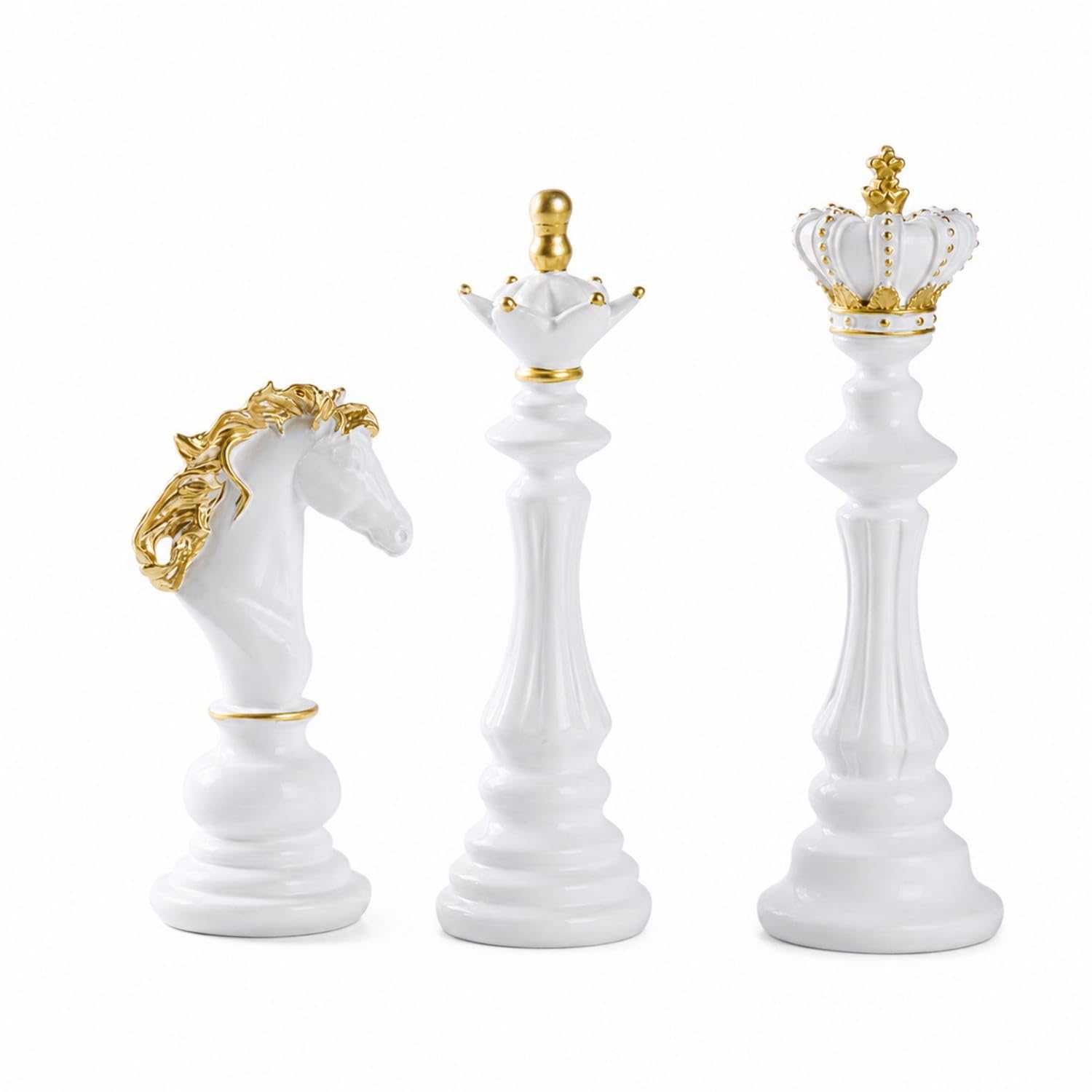 3 Pieces Gold-Accented Resin Chess Decor Slender Chess Piece Statue Creative Resin Figurine Sculpted for Bookshelf, Desk, White, 3-piece Set-image-39