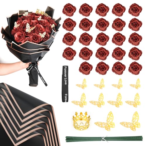 YYTECH Ramo de rosas artificiales endurecidas con purpurina, ramo de flores artificiales con purpurina, ramo de flores rojas con corona, ramo artificial para regalos de boda, aniversario, compromiso