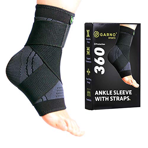 GARNO Ankle Compression Sleeve with Adjustable Straps, Arch Support Brace & Foot Stabilizer, Elastic Wrap for Plantar Fasciitis, Achilles Tendonitis Recovery, Sports Bandage Sock (Single); Men, Women