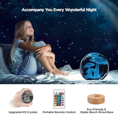 Image of 3D Crystal Ball Night Light with Wooden Base, Mushroom Glass Ball Lamp with 16 Colors and Remote Control - Cool Desk Decor Gift for Kids and Friends
