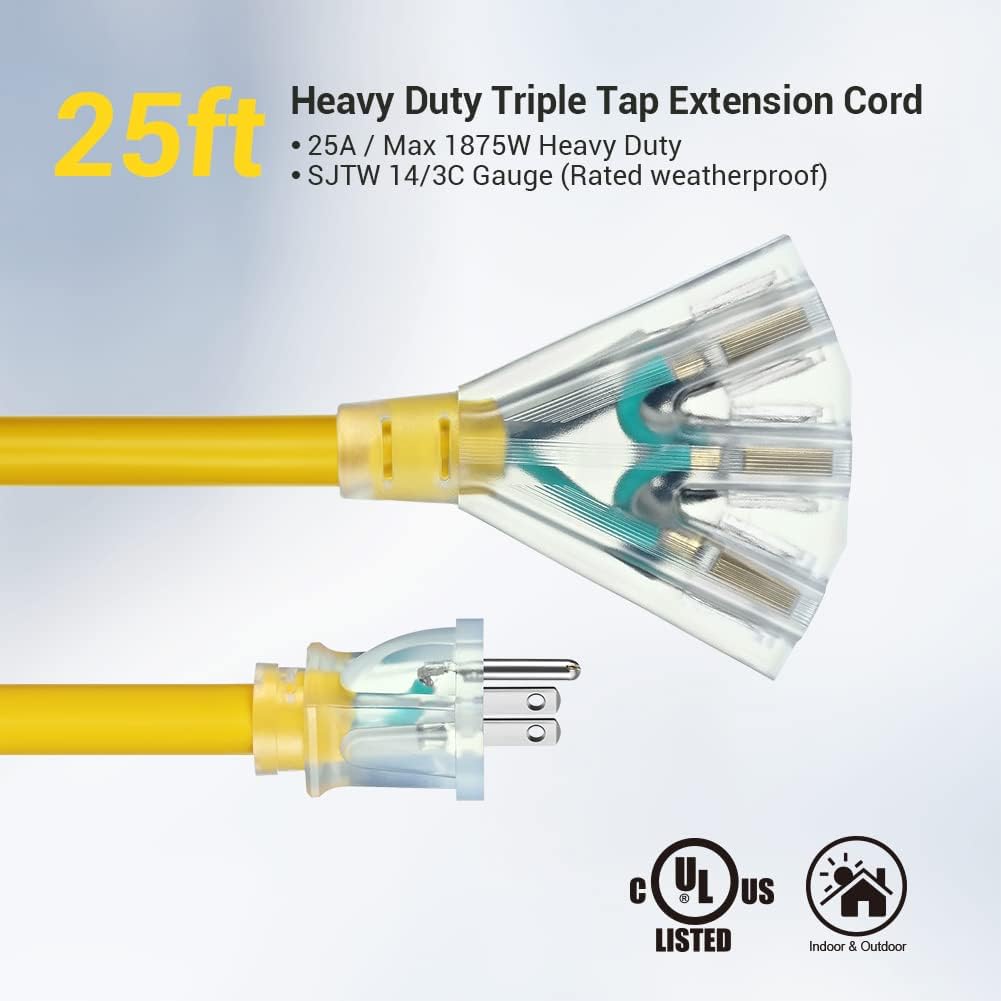 DEWENWILS 25 FT 14/3 Gauge Extension Cord Outdoor Tri-Tap Extension Cord Splitter, Heavy Duty Power Cable SJTW 15 Amp for Multiple Appliances, LED Lighted Plug, ETL Listed
