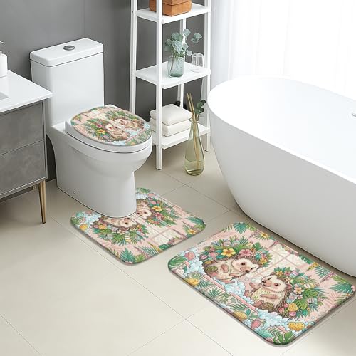 Lot de 3 tapis de salle de bain printanier, motif hérissons, floral, absorbants, antidérapants, lavables, inspirés de la nature, en flanelle, à séchage...