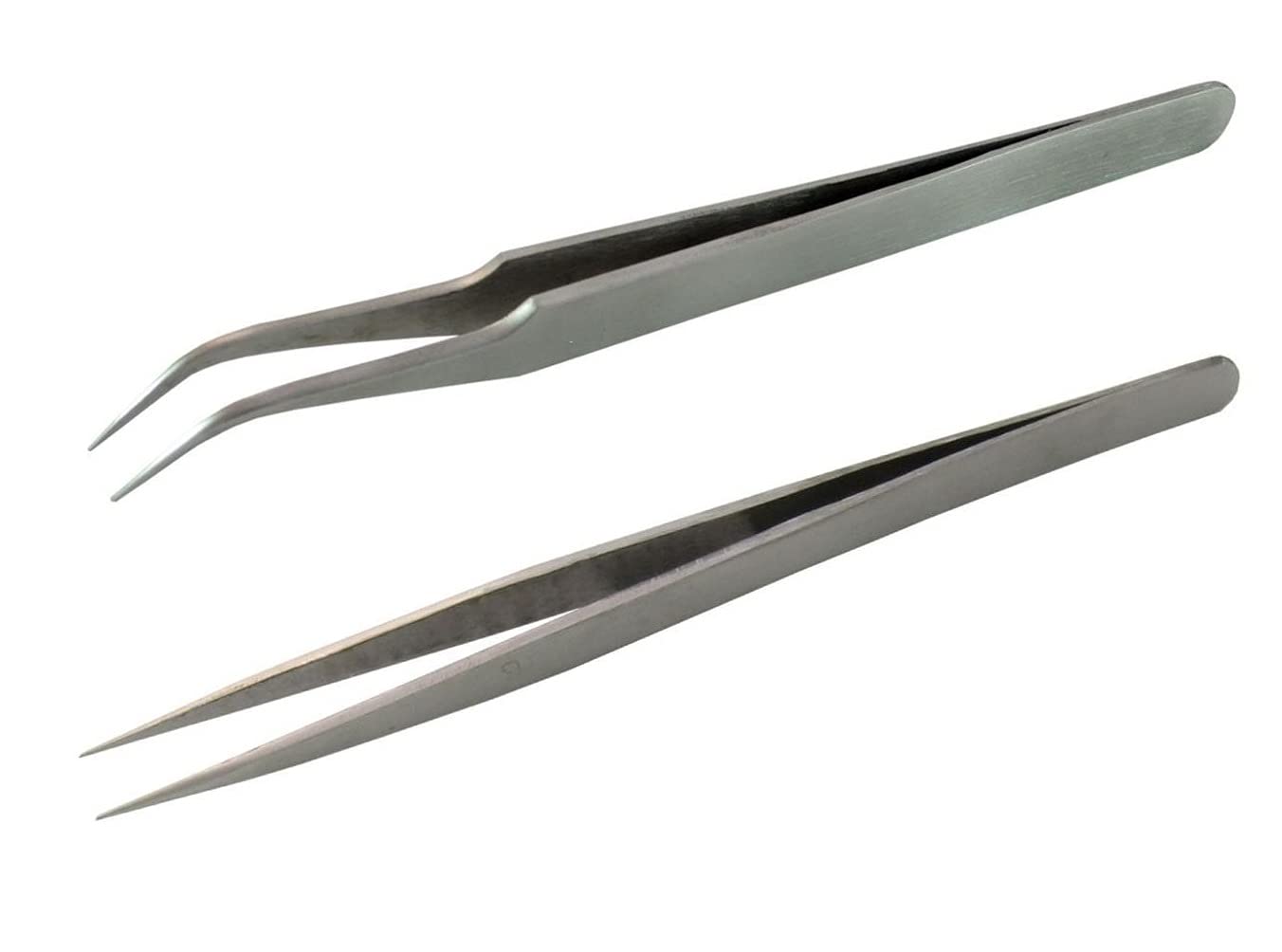 Non-Magnetic, Stainless Steel Straight and Curved Tweezers (Silver) -Set of 2 Pieces