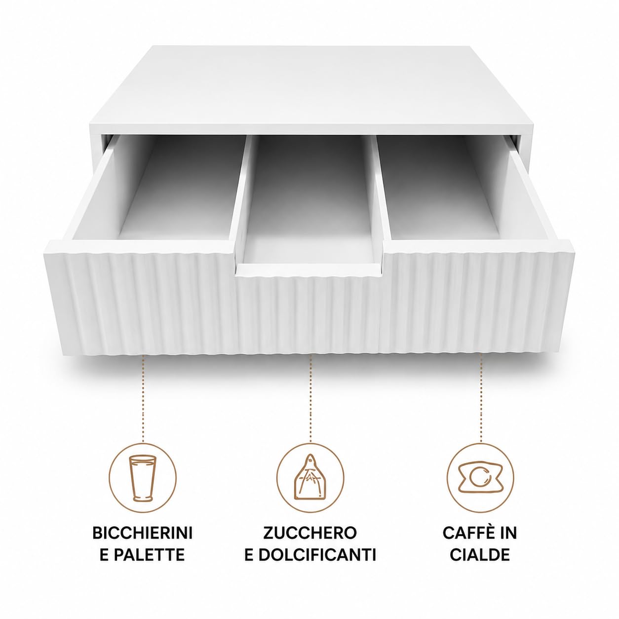 Porta Capsule Caffè Organizer con 3 Scomparti, Coffee Station in Legno, Contenitore per Capsule e Cialde Caffè, Portacialde da Appoggio 30x30x10 cm (Bianco)