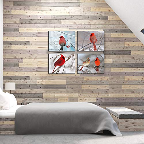 Sechars - 4 Piece Modern Canvas Painting Wall Art Birds Red Cardinal On Snowy Branch Pictures Print For Living Room Decor Winter Landscape Poster Christmas Gift Gallery Wrap Ready To Hang #TOP4