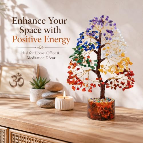 Image of Crocon 7 Chakra Tree of Life Crystal with Seven Chakra Tumbles Wooden Tray