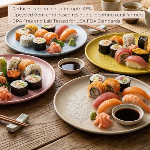 Image of Happy Cove Eco-Friendly Dessert Plate Set of 4, 8 Inch with Engraving Design | Biocomposite Rice Husk & Bamboo Fibre Serving Plates | Unbreakable, Microwave Safe, Oven Plate, Multicolour