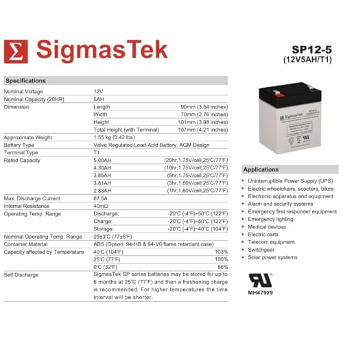 Leoch Battery DJW12-4.5 Replacement Battery - 12 Volt 5 AH F1 terminal By SigmasTek
