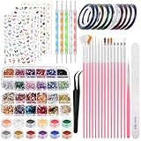 BUTBU Kit per Nail Art, 38 Pezzi Nail Art Design Set Kit, Unghie Adesivi e Fiocchi di Lamina Oro & Argento, per Salone Manicure, Nail Art Principiante