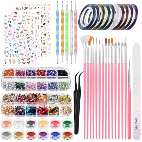 BUTBU 50 Piezas Kit de Accesorios Decoración Uñas Nail Art, Kit de Diseño de Arte de Uña, con Pinceles para Uñas Diamantes, Purpurina Polvo, Cintas Adhesivas Uñ-as, Lámina Flake, Lápiz de Punto etc