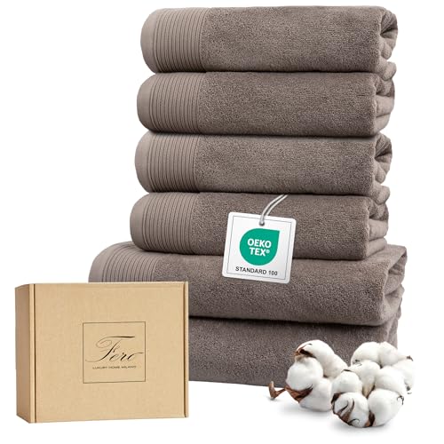 Ferò Juego de Toallas de 6 Piezas100% Algodon Premium Low Twist 550 g/m^2, Ultra Suaves y Absorbentes, Secado Rapido,Oeko-Tex, Diseño Italiano, 4 Manos, 2 Toallas de Baño, 50x100, 70x140 cm,Gris