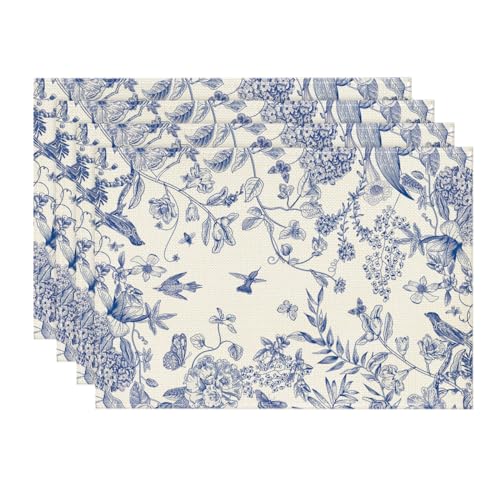 Artoid Mode Hydrangea Flowers Branches Chinoiserie Spring Placemats Set of 4, 12x18 Inch Table Mats for Party Kitchen Dining Decoration