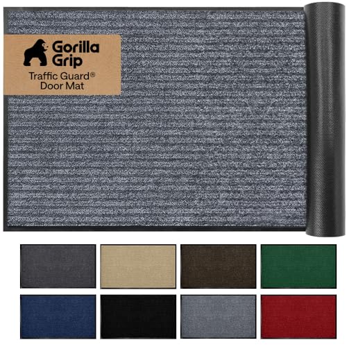 GORILLA GRIP Traffic Guard Door Mat, 60x36, Heavy Duty Welcome Mats, Commercial Office Space Doormat, Waterproof, Fade Resistant, Strong Rubber Backing, Low Profile, Shoe and Boot Scraper, Light Gray