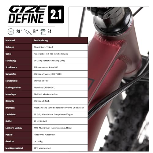 Goetze Define 2.1 Hardtail MTB, 29 Zoll Laufräder, 19 Zoll Aluminiumrahmen, doppelte Scheibenbremsen, 24-Gang Shimano Altus, Federgabel 100 mm
