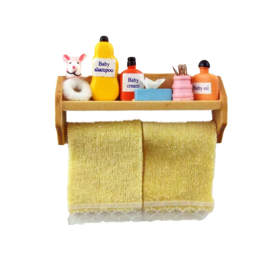 Dolls House Yellow Toiletries & Towels on Shelf Miniature Bathroom Accessory