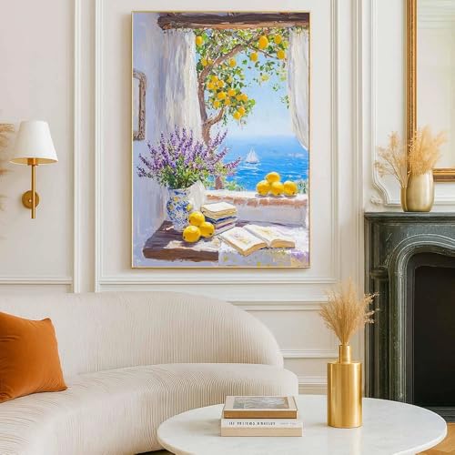 Impression sur toile citron et vue sur l'océan 50x70 cm pour décoration murale