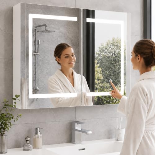 Poeahu Badezimmer Spiegelschrank mit Beleuchtung 80x60x14 cm, Badezimmerschrank mit 2 Höhenverstellbare Glasablagen, Einstellbare Farbtemperatur, Touch-Schalter, Doppeltüren, Weiß
