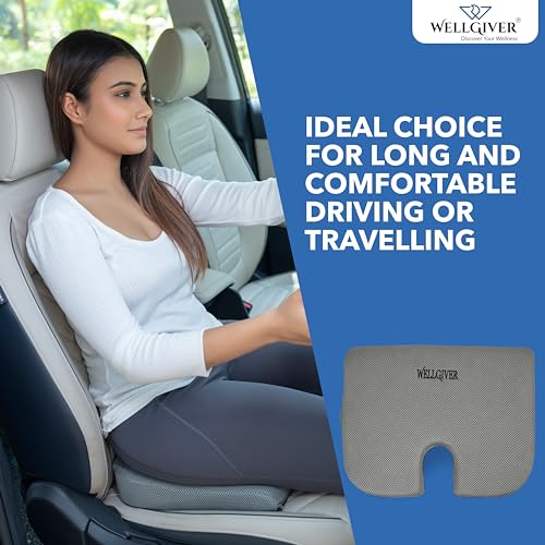 Image of WELLGIVER Memory Foam Car Seat Cushion for Driving - Orthopedic Seat Cushion for Car & Office Chair, Tailbone & Sciatica Pain Relief, Ergonomic Coccyx Support Pillow with Breathable Cover