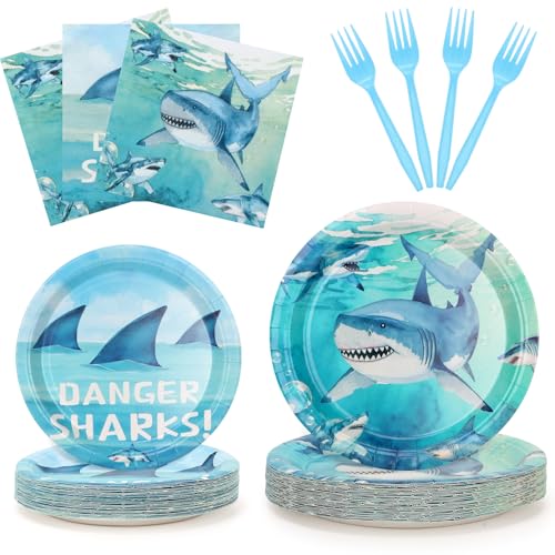 100Pcs Shark Birthday Party Plates and Napkins Supplies - 9 & 7 Paper Plates Napkins Forks - for under the Sea Ocean Animal Theme Party Decorations Serves 25