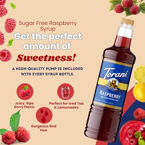 Image of Torani Sugar Free Raspberry Syrup 1 Liter with Pump - Keto & Gluten Free