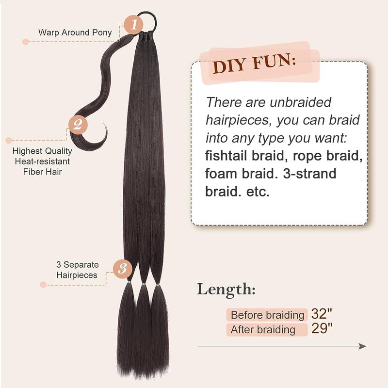 Image of 24 inch Heat Resistant Clip In Synthetic Straight Hair Extensions - Synthetic Hair Extension /Ponytail Long Braided Ponytail With Elastic Hair Ties Synthetic Hair Extensions (Style 13)