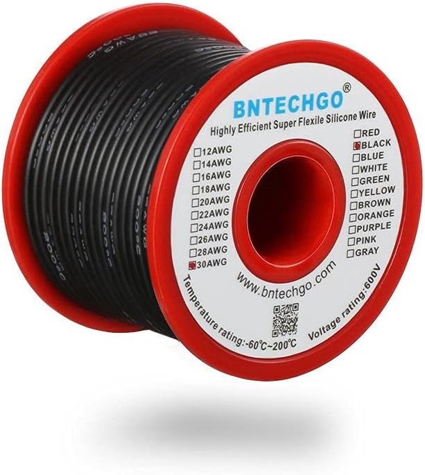 BNTECHGO 30 Gauge Silicone Wire Spool 100 ft Black Flexible 30 AWG Stranded Tinned Copper Wire