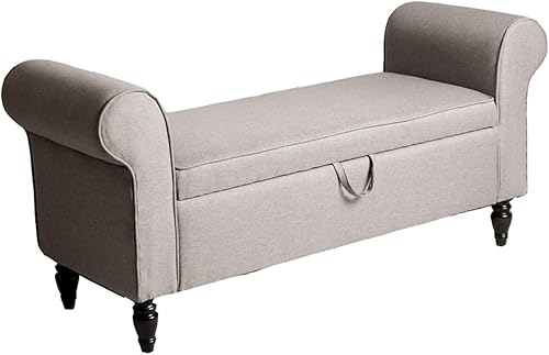 Miniatura 9 de Alunaune Banco de almacenamiento tapizado gris para dormitorio, extremo del banco con banco otomano de almacenamiento, moderna tela de lino