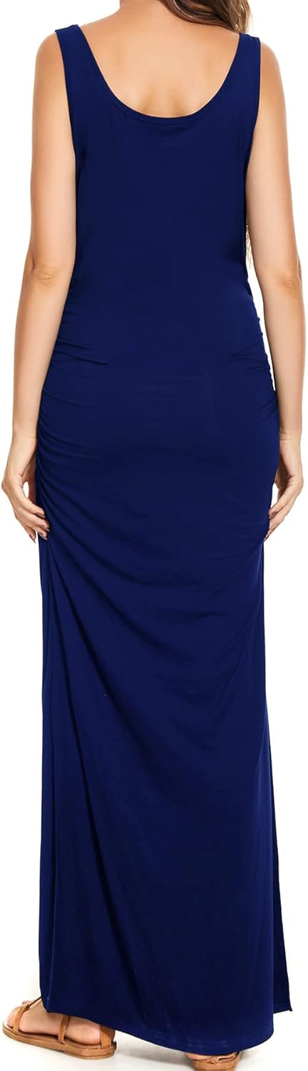 Smallshow Women's Split Long Maternity Dress Sleeveness Ruched Pregnancy Clothes - Image 4