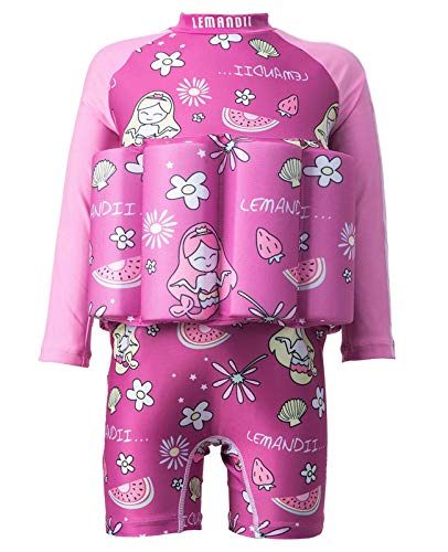 Sun Protection Long Sleeve Float Swim Suit for Kids Girls One-piece Bathing Suit Girls Kids with Adjustable Buoyancy Back Zippers for 1-10 years (Rose Pink, Height:51.2''-55''/Weight:57.3lb-66.1lb)