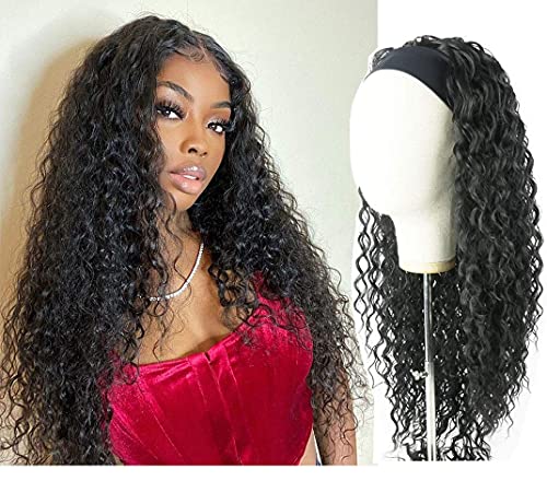 Headband Wigs Deep Wave Headband Wigs Deep Curly Natural Synthetic Hair wig None Lace Front Wigs Glueless for women black Color 150% Density 22inch Enjeein