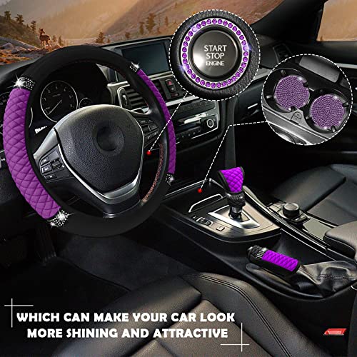 JINGSEN 11 PCS Bling Rhinestones Leather Car Accessories Set,Bling Steering Wheel Cover for Women,Center Console Armrest Pad Belt Cover Handbrake Gear Cover Coasters Full Set for Car SUV