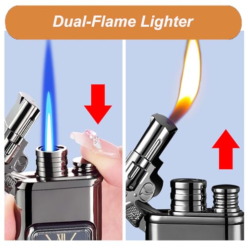 Encendedor vintage con reloj y llama dual a prueba de viento miniatura 3