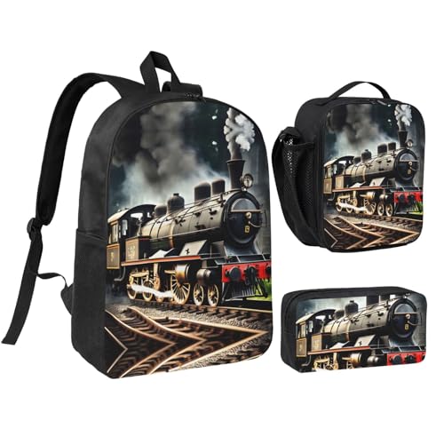 Sac à dos 3 en 1 locomotive à vapeur noir avec sac repas et trousse