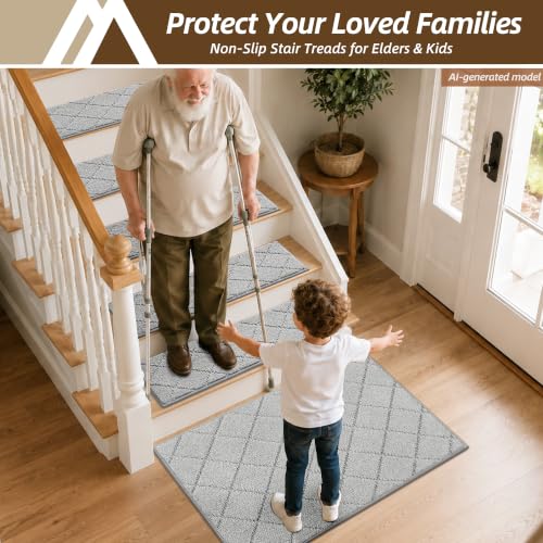 Image of COSY HOMEER Edging Stair Treads Non-Slip Corner Indoor Stair Runners for Wooden Steps,Landing Slip Resistant Stair Rugs for Kids and Dogs, 100% Polyester TPE Backing,Grey,20 inchX32 inch