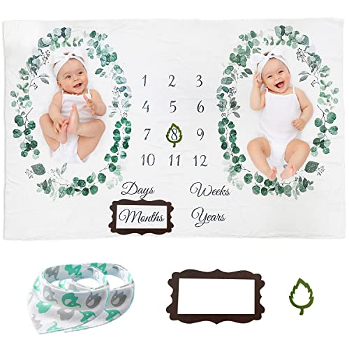 Image of Vlokup Twins Baby Milestone Blanket for Boys & Girls, Premium Flannel Photography Background Prop Blankets, Neutral Boho Green Leaf Wreath…