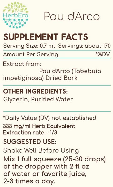 HerbEra PAU d'Arco B120 Alcohol-Free Herbal Extract Tincture, Concentrated Liquid Drops Natural Wildcrafted PAU d'Arco (Tabebuia Impetiginosa) Dried Bark (4 fl oz) - Image 3