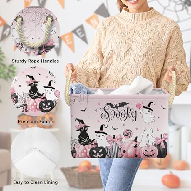 Pink Halloween Basket Cute Pumpkin Ghost Boo Spooky Basket with Handles Foldable Halloween Gifts Storage Bins Organizer for Clothes Toys Books (Pink, 15x10x10 Inch)