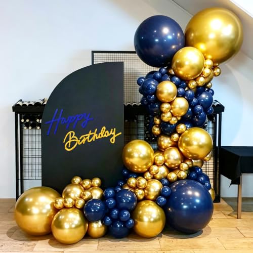 Image of TONIFUL Happy Birthday Sign for Backdrop - Glitter Navy Blue Gold Felt Banner - Includes Dot Glue - Perfect for Birthday Party Backdrop,Wall Decr,Balloon Arch,Photo Background