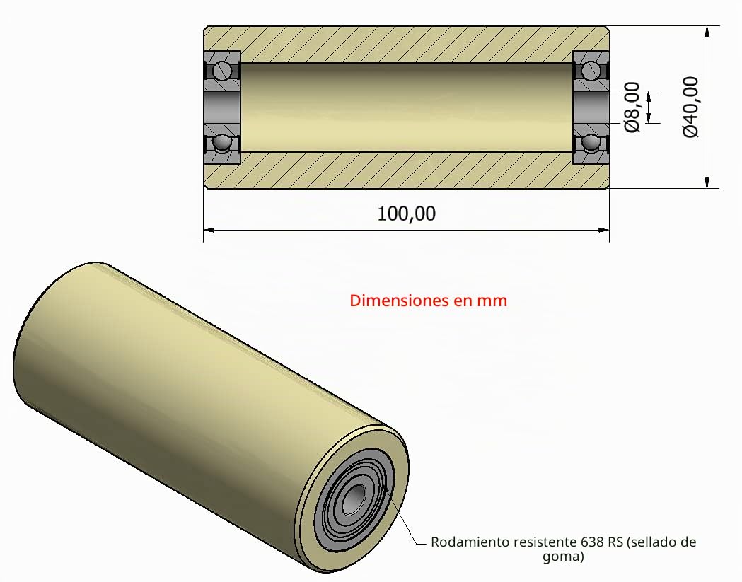 4 rodillos de poliamida de nailon de 40 mm de diámetro, 100 mm de ancho, 8 mm de rodamiento mecanizado de precisión en la UE (40-100-8).