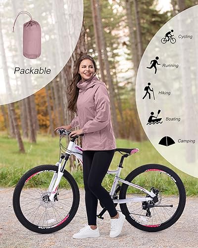 33,000ft Damen Wasserdichte Faltbar Regenjacke mit Kapuze, Leicht Atmungsaktive Windbreaker Jacke, Fahrradjacke für Frauen Fahrrad Sport Outdoorjacke